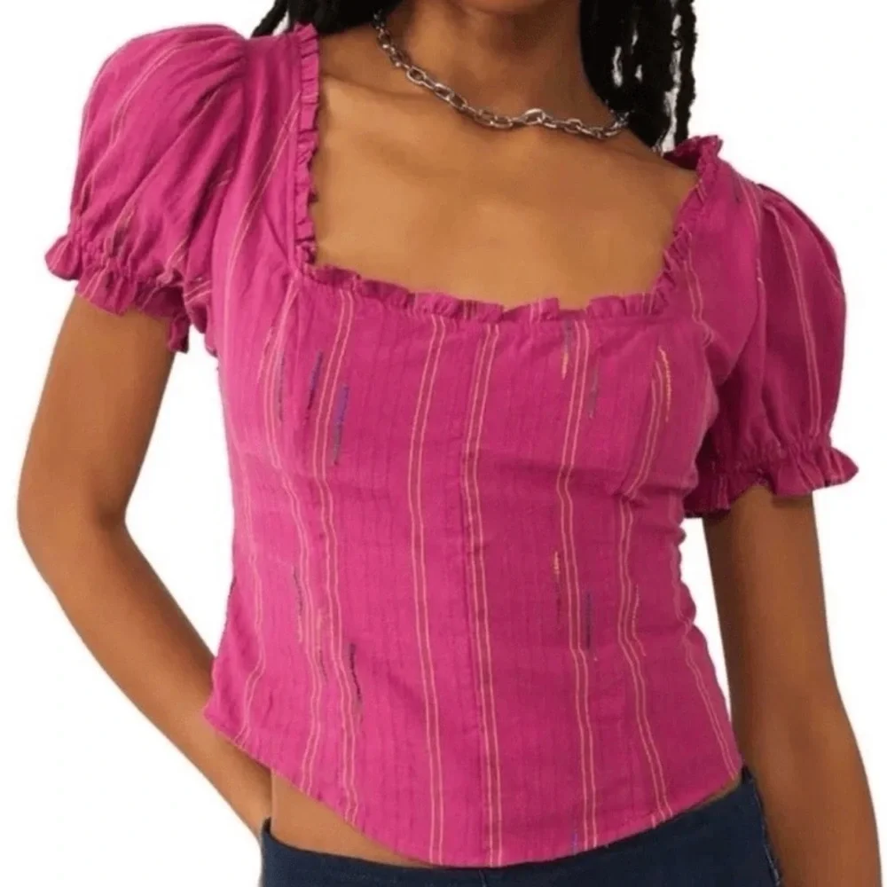 Free People Serotonin Corset Smocked Puff Sleeve Pink